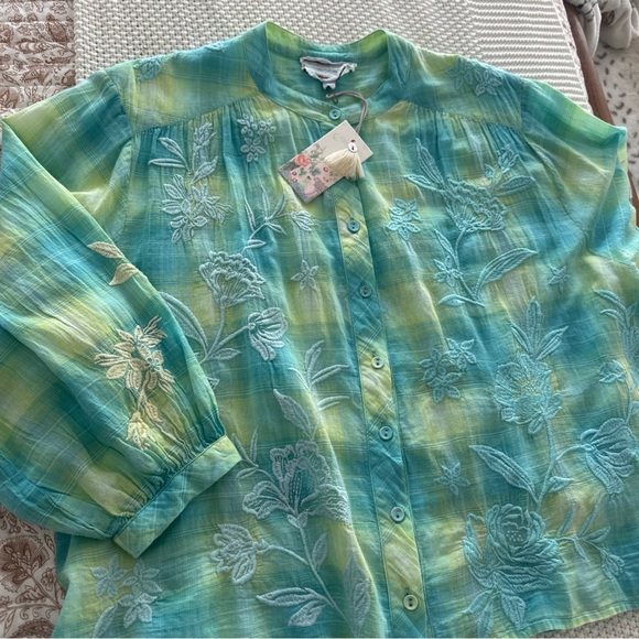 Johnny Was Turquoise and Lime Plaid Hazel Shirred Yoke Blouse XS NWT - Picture 7 of 8